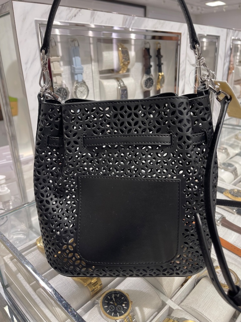 Carson Small Floral Laser Cut Bucket Crossbody Bag Black - Picture 8 of 13